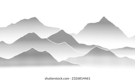 Abstract mountain background vector. Mountain landscape with fading dot effect, halftone, dot grunge texture. Black and white hills art wallpaper design for print, wall art, cover and interior.