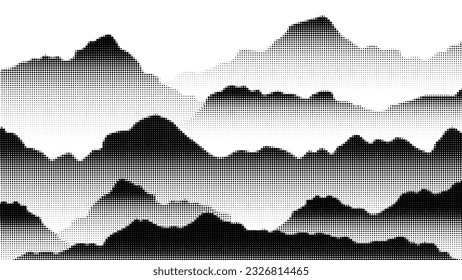 Abstract mountain background vector. Mountain landscape with fading dot effect, halftone, dot grunge texture. Black and white hills art wallpaper design for print, wall art, cover and interior.