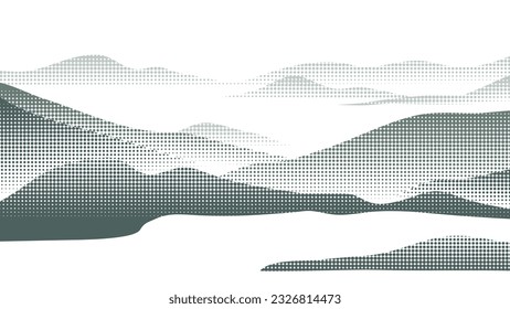 Abstract mountain background vector. Mountain landscape with fading dot effect, halftone, dot grunge texture. Black and white hills art wallpaper design for print, wall art, cover and interior.