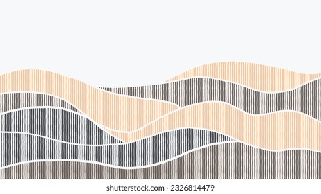 Abstract mountain background vector. Mountain landscape with line art pattern, pen, pencil lines. Grunge noise hills art wallpaper design for print, wall art, cover and interior.