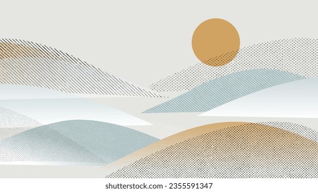 Resumen del vector de fondo de montaña. Paisaje de montaña con efecto punto desvaneciente, luna, semitono, textura de grano de punto. Coloridas colinas de diseño de fondo artístico para la impresión, el arte mural, la cubierta y el interior.