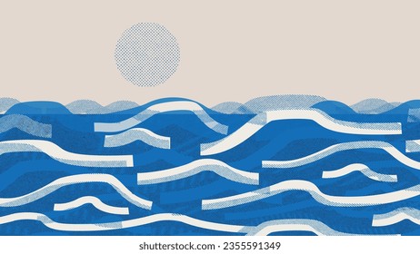 Abstract mountain background vector. Mountain landscape with fading dot effect, moon, halftone, dot grunge texture. Blue hills art wallpaper design for print, wall art, cover and interior.