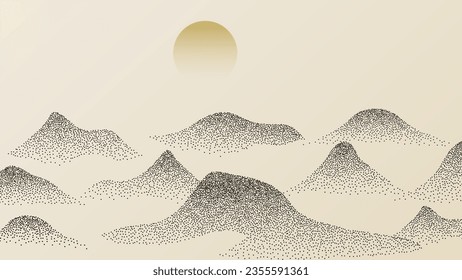 Abstract mountain background vector. Mountain landscape with fading dot effect, moon, halftone, dot grunge texture. Monochrome hills art wallpaper design for print, wall art, cover and interior.