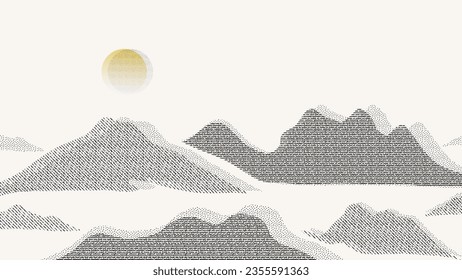 Abstract mountain background vector. Mountain landscape with fading dot effect, moon, halftone, dot grunge texture. Monochrome hills art wallpaper design for print, wall art, cover and interior.