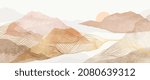 Abstract Mountain background vector. Minimal landscape art with watercolor brush and golden line texture. Abstract art wallpaper for prints, Art Decoration, wall arts and canvas prints. 