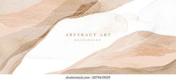 Resumen del vector de fondo de la montaña. Arte paisajístico mínimo con pincel acuarela y textura de línea dorada. Papel de arte abstracto para impresiones, Decoración Art, artes murales e impresiones de lienzos. 