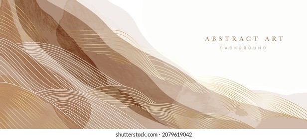 Resumen del vector de fondo de la montaña. Arte paisajístico mínimo con pincel acuarela y textura de línea dorada. Papel de arte abstracto para impresiones, Decoración Art, artes murales e impresiones de lienzos. 