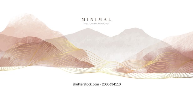 Abstract Mountain background vector. Minimal landscape art with watercolor brush and golden line texture. Abstract art wallpaper for prints, Art Decoration, wall arts and canvas prints. 