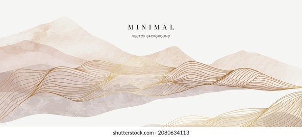 Abstract Mountain background vector. Minimal landscape art with watercolor brush and golden line texture. Abstract art wallpaper for prints, Art Decoration, wall arts and canvas prints. 