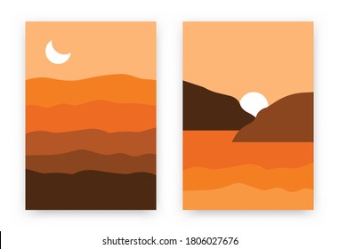 Abstrakte Hintergründe aus den Bergen. Handgezeichnetes Plakatset mit Hügeln, Fluss, Wolken, Sonne, Mond-Skandinavien-Stil. Vektorwanddekor.