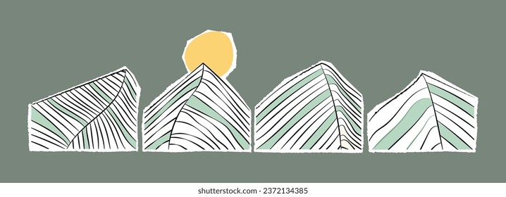 Abstract mountain collage shape. Landscape pattern vector background. Paper torn hill silhouette. Alps terrain aesthetic banner. Doodle rock mount illustration. Scandinavian style nature and outdoor