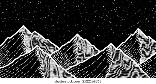 Abstract mountain contemporary aesthetic backgrounds landscapes on black background. Hand drawn Mountain line arts illustration.