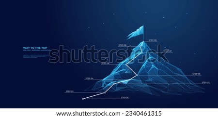 Abstract mountain with flag and with a route to the top. Infographics with nine steps to success. Low poly wireframe vector illustration. Way to the goal in digital futuristic style. ストックフォト © 