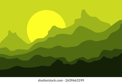 Abstract Mountain Flat Color Background. Green Mountain sun vector