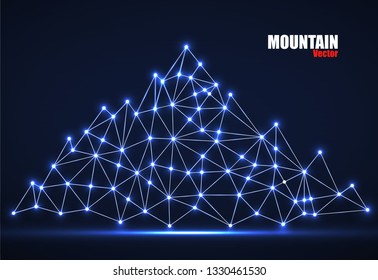 Abstract mountain of glowing lines and dots. Polygonal mountain. Vector