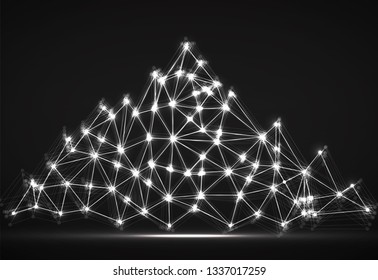 Abstract mountain of glowing lines and dots. Polygonal mountain. Vector