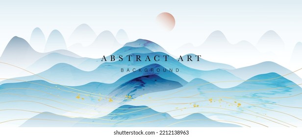 Abstract mountain and golden line arts background vector. Watercolor oriental style, landscape, sun, hills with gold, curve lines texture. Wall art design suitable for home decor, wallpaper, prints.