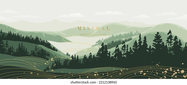 Abstract mountain   golden line arts background vector  Watercolor oriental style  landscape  sky  trees  hills and gold  curve lines texture  Wall art design for home decor  wallpaper  prints 