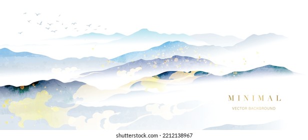 Resumen del vector de fondo de las artes de la montaña y de la línea dorada. Acuarela de estilo oriental de textura mínima de pintura, paisaje, cielo, pájaros, colinas, nubes. Diseño de arte mural para decoración casera, papel pintado, estampados.