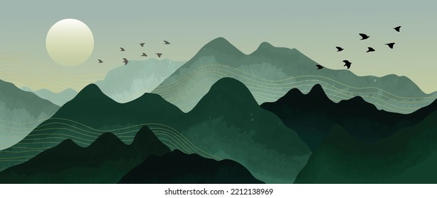 Abstract mountain and golden line arts background vector. Watercolor oriental style, green landscape, birds hills with gold, curve lines texture. Wall art design for home decor, wallpaper, prints.