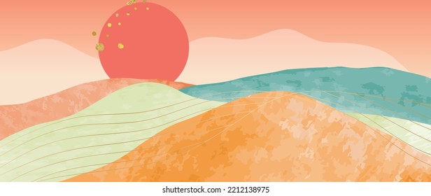 Abstract mountain and golden line arts background vector. Watercolor oriental style, hills, sun, sky with luxury curve gold lines texture. Wall art suitable design for home decor, wallpaper, prints.