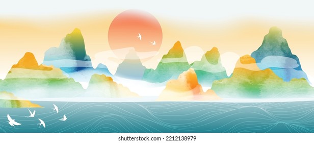 Abstract mountain and golden line arts background vector. Watercolor oriental style painting, landscape, sun, birds, hills with curve lines texture. Wall art design for home decor, wallpaper, prints.