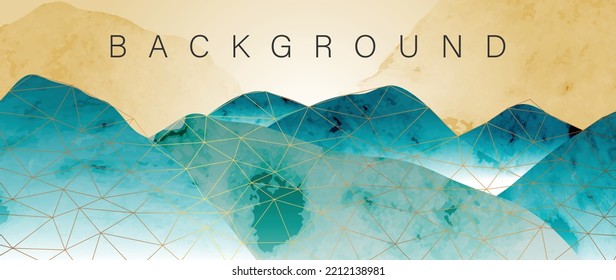 Abstract mountain and golden line arts background vector. Watercolor oriental style, landscape, hills with luxury gold lines texture. Wall art suitable design for home decor, wallpaper, prints.