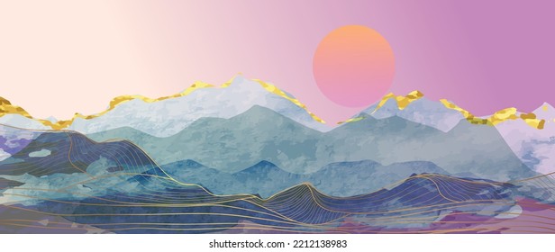 Abstract mountain and golden line arts background vector. Watercolor oriental style painting, landscape, sun, hills with gold curve lines texture. Wall art design for home decor, wallpaper, prints.