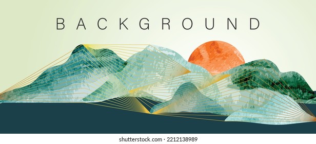 Abstract mountain and golden line arts background vector. Watercolor oriental style, green landscape, hills, sun with gold lines texture. Wall art suitable design for home decor, wallpaper, prints.