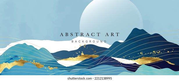 Resumen del vector de fondo de las artes de la montaña y de la línea dorada. Acuarela estilo oriental, paisaje, cielo, colinas con oro, textura de líneas curvas. Diseño de arte mural adecuado para decoración casera, papel pintado, estampados.