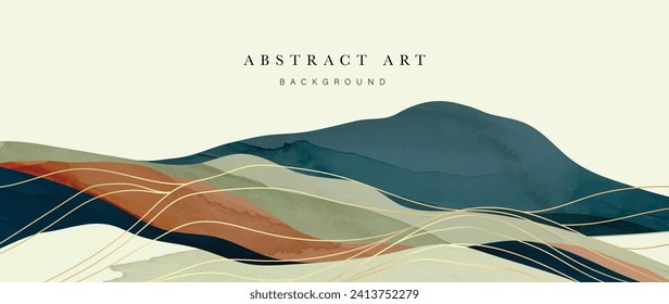 Resumen del vector de fondo de las artes de la montaña y de la línea dorada. Color de agua estilo oriental, paisaje, colinas con oro, textura de líneas curvas. Diseño de arte mural para decoración casera, papel pintado, estampados.