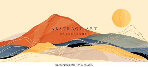 Abstract mountain and golden line arts background vector. Watercolor oriental style, landscape, hills, sun with gold, lines texture. Wall art design for home decor, wallpaper, prints.