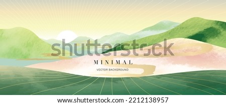 Abstract mountain and golden line arts background vector. Watercolor oriental minimal style painting, landscape, sun, hills, clouds texture. Wall art design for home decor, wallpaper, prints.