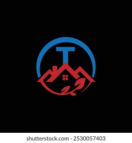 Abstraktes Berghaus und Blatt mit Buchstabe T-Logo
