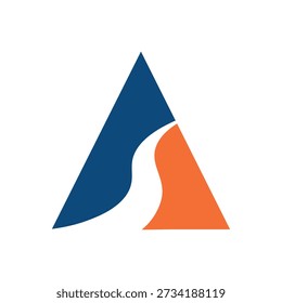 Abstract mountain illustration with a curved pathway between blue and orange triangular shapes. Modern geometric design symbolizing journey, progress, ambition, and balanced growth for branding use.