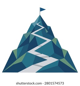 Abstract mountain illustration with a winding path leading to a summit flag, symbolizing ambition, perseverance, leadership, business success, goal achievement and personal development.