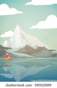 Abstract Mountain Lake with House - Vector Illustration
