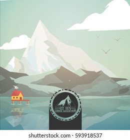 Abstract Mountain Lake with House - Vector Illustration