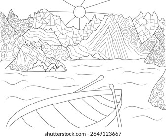 Abstract mountain and lake scene with a boat, featuring unique patterns, ideal for a tranquil adult coloring book page.