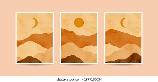 Abstract mountain landscape aesthetic boho art print collection. Wall decor mid century minimalist flat design background.