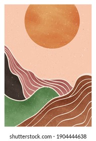 Abstract mountain landscape background. creative minimalist hand painted illustrations of Mid century modern art print. forest, hill and moon on set