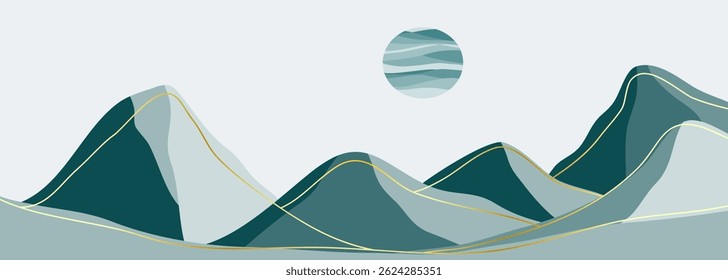 Abstract Mountain landscape background with line art, mountains, sea and ocean wave. creative minimalist modern art print. use for print art, poster, cover, banner