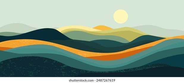 Abstract mountain landscape background, Nature wall decor, art print, minimalist panorama hill, adventure and travel view design. Vector illustration