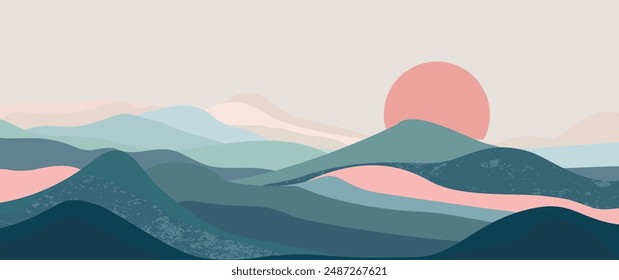 Abstractas paisaje montañoso de fondo, decoración de la pared de Naturaleza, impresión artística, minimalista panorama colina, aventura y viaje vista diseño. Ilustración vectorial