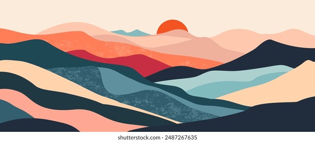 Abstractas paisaje montañoso de fondo, decoración de la pared de Naturaleza, impresión artística, minimalista panorama colina, aventura y viaje vista diseño. Ilustración vectorial