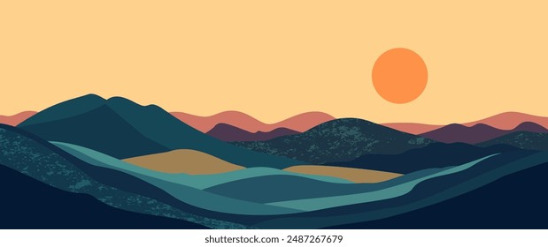 Abstractas paisaje montañoso de fondo, decoración de la pared de Naturaleza, impresión artística, minimalista panorama colina, aventura y viaje vista diseño. Ilustración vectorial