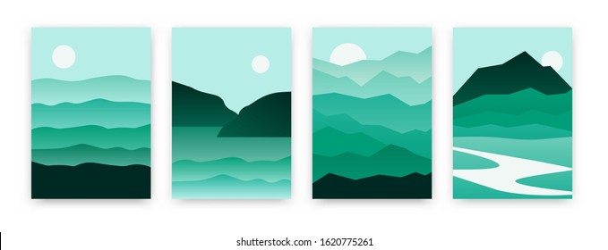 Abstract mountain landscape background poster design. Vector illustration in green trendy asian japanese style. Geometric template with mountains, sea in sunset backdrop flyer shape