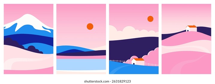 Resumo paisagem montanhosa fundos. Bandeiras da natureza com montanhas de floresta vista rio, paisagem rural decorativa mínima, panorama contemporâneo com colinas. Posters vetoriais definidos.