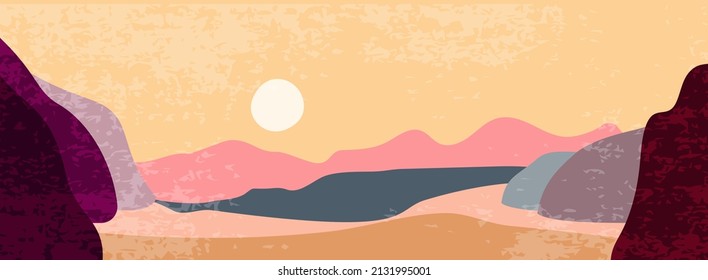 Resumen del paisaje montañoso de fondo de banner. Moderna naturaleza minimalista. El sol sobre los hilos. Ilustración vectorial en estilo vintage