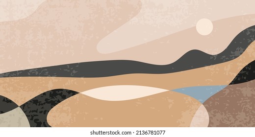Abstrakter Hintergrund der Berglandschaft. Moderner boho Naturhintergrund mit Sonne und Hügeln. Zeitgenössische Wandkunst, Poster. Vektorgrafik mit Vintage-Grunge-Textur